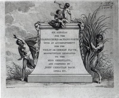 Frontispiece for six sonatas by John Christian Bach, dedicated to Miss Greenland, engraved by Francesco Bartolozzi by Giovanni Battista Cipriani